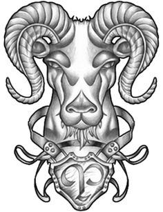 a ram with horns and two horns on it's head, in black and white