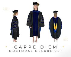 🌟 Attention all USA Doctorate Students, Professors, and Esteemed Faculty! 🌟 Step into your moment of triumph with elegance and prestige with our Cappe Diem Doctoral PhD Blue Gown, Hood, and Tam Deluxe Deluxe Set. 🎓 Includes: Deluxe Doctoral PhD Blue Gown + Doctoral Tam w/Golden Bullion Tassel + Doctoral Hood (Assorted Colors) 🎓 Doctoral Gown Features: Revel in the timeless elegance of full-length wide velvet pleats, adorned with regal gold piping, intricate full fluting on the back and shoulder, and distinguished bell sleeves with cuffs, ensuring an impeccable and distinguished look for your graduation day. 🎓 Tailor-Made Fit: Utilize our comprehensive sizing guide to ensure a personalized, tailor-made fit that accentuates your silhouette with elegance and comfort. *Length Tip* Robe bo Doctoral Gown, Graduation Attire, Blue Gown, Graduation Day, Adult Costumes, Mid Calf, Timeless Elegance, Bell Sleeves, Favorite Outfit