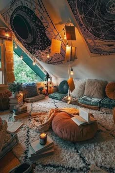 a living room filled with lots of furniture and decor on top of a carpeted floor