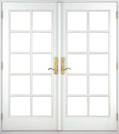 an open white double door with glass panels and gold handle on the top half of it