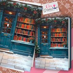 two christmas bookshelves are decorated with holiday decorations and garlands on the doors