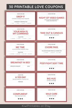 coup cards for valentine's day with the text, 30 printable love coupons