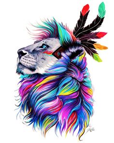 the head of a lion with feathers on it's head, painted in rainbow colors