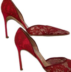 Designer Red Heels For Wedding, Red Fitted Heels For Gala, Elegant Red Heels For Gala, Elegant Red Heels For Cocktail, Elegant Red Cocktail Heels, Luxury Red Heels, Manolo Blahnik Red, Shoes Manolo Blahnik, Lace Pumps