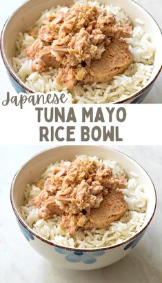 two bowls filled with rice and meat on top of each other next to the words japanese tuna mayo rice bowl