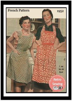 two women in aprons and dresses standing next to each other with their hands on their hips