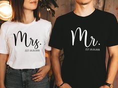 "Personalized Mr and Mrs, Custom Wifey and Hubby Shirt, Bride and Groom Est, Wife And Husband Shirts, Just Married Tshirt, Honeymoon T-shirt ⭐Please Check All Photos For Details.   🐞Choose Your T-Shirt Size From The Drop-Down Lists Next To The item Picture   ⭐Choose Of Your T-Shirt Color From The 2nd Picture   🐞Use \"Add message to Seller\" link On The Checkout Page To Send me the Following important Details For Your Order's Customization.   ⭐Shipping Time Varies by location (we are located in Sugar Land, Texas) please consider that our turn around time is 1 to 3 business days.     ⭐Which brand do you use for t-shirts? We use Gildan Soft Style, Bella Canvas Unisex, Rustic United, Outlash, Tees Factory, Hanes, Comfort Color District and Next Level when we have a shortage of stocks for cer Wedding Tshirts, Matching Tshirts, Husband Shirts