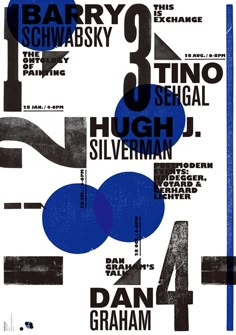 an abstract poster with blue and black shapes on it's sides, including the number four