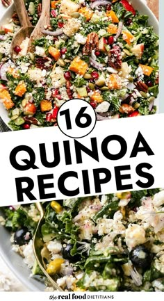 Overhead view harvest salad with quinoa and butternut squash and side view of blueberry quinoa kale salad with goat cheese. Quinoa And Asparagus Recipes, Quinoa Recipes High Protein, Paleo Quinoa Recipes, Hot Quinoa Recipes, Quinoa Recipes Easy Quick, Quinoa Recipes Salad, Quinoa Seasoning, Rice Quinoa Recipes