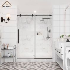 a bathroom with white walls and tile flooring has a walk in shower next to the sink