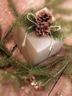 a small present wrapped in white paper with pine cones on top and tied to it