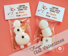 two bags of marshmallows in the shape of dogs and cats with valentine's day messages on them