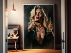 a painting of a woman holding a wine glass in front of her face and looking at the camera