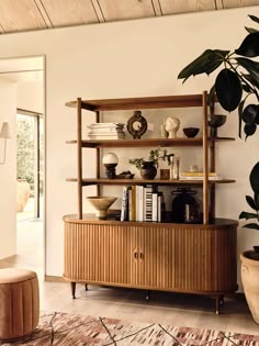 a wooden shelf with books and vases on it next to a potted plant