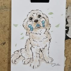 a drawing of a white dog with blue eyes sitting on top of a piece of paper