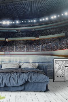 a bedroom with an ice rink wall mural in the background and a bed on the floor