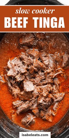 slow cooker beef tinga recipe in a crock pot with text overlay