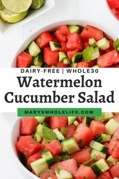 watermelon cucumber salad in a white bowl with limes on the side