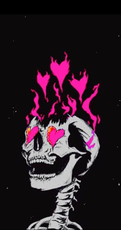 a drawing of a skeleton with pink hearts on it's forehead and eyes, in the dark