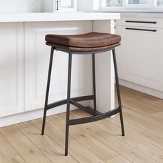 Upholstered Counter Height Metal Bar Stool Vintaged Brown-Matte Black Kitchen Counter Bar, Island Bar Stools, Kitchen Counter Bar Stools, Saddle Bar Stools, Nathan James, Bar Stools Kitchen Island, Kitchen Island Bar, Backless Stools, Kitchen Counter Stools