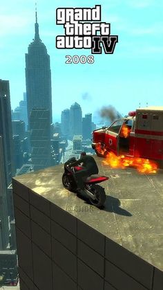 a motorcycle on top of a building with fire coming out of the back ground and buildings in the background