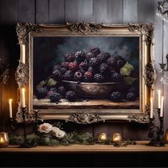 an oil painting of grapes in a bowl on a mantle with candles and other decorations