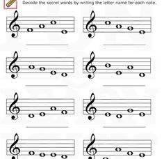 music notes with the names and numbers in each letter, which are highlighted by an arrow