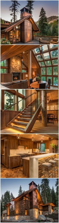 three different views of the inside and outside of a house with wood trimmings