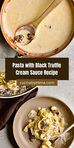 pasta with black truffle cream sauce recipe in a bowl and on a plate