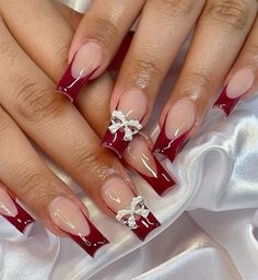 Red Nail Inspo Christmas, White And Dark Red Nails, Red French Tip Acrylic Nails With Rhinestones, Hoco Nails To Match A Red Dress, Elegant Red Nails Design Classy, Red Nails Acrylic Homecoming, Sweet 16 Nails Acrylic Red, Hoco Nail Ideas Red, Red Nail Set Prom