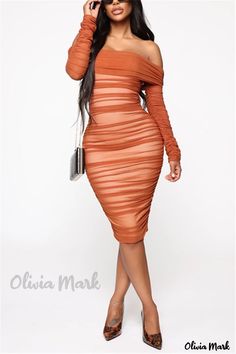 Color: Caramel, Size: M Draped Bodycon Dress, Midi Dress Winter, Mesh Party Dress, Long Sleeve Mesh Dress, Dresses Fashion Nova, Off Shoulder Dresses, Ruched Midi Dress, Rust Dress, Black Long Sleeve Dress