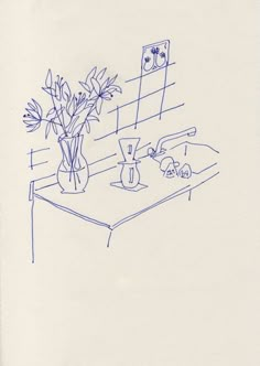 a drawing of flowers in a vase on a table