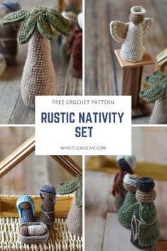 crochet pattern for rustic nativity set with three pictures and text overlay that says free crochet pattern