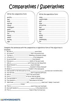 the worksheet for comparing different types of compatives and superflaves