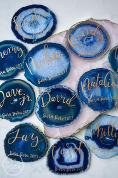 blue agate with gold lettering and names on them