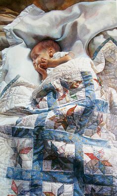 a painting of a baby sleeping on a quilt