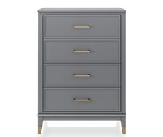 a grey chest of drawers with gold handles on the top and bottom, against a white background