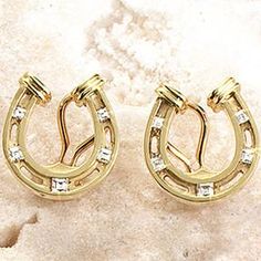 From our Couture Collection these beautiful Horse Shoe Earrings are hand made and hand finished with exquisite detail by the Designer (an old world European master). They are truly a stunning work of art. Shown in 18k solid yellow gold with .68ct square cut diamonds. 3/4"L x 5/8"W. Made as clips. Equine Jewelry, Old World European, Horseshoe Bracelet, Earrings Diamonds, Equestrian Apparel, Horseshoe Jewelry, Horseshoe Earrings, Queens Jewels, Horse Ring