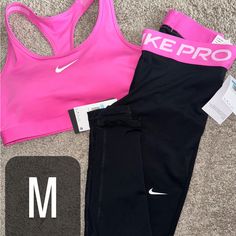 Authentic Nike Pro Bra With Leggings Sold As A Set Pants Nike Pro, Nike Pro Shorts And Bra Set, Nike Clothes For Women, Nike Pros Collection, Pink Workout Set For Spring, Pink Workout Sets For Spring, Pink Spring Workout Sets, Nike Fitted Sports Sets, Nike Fitted Sportswear Sets