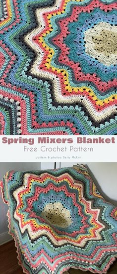 a crocheted blanket that is on top of a wooden floor with the words spring mixers blanket over it