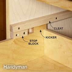 the bottom half of a wooden shelf is shown with instructions to stop and block it