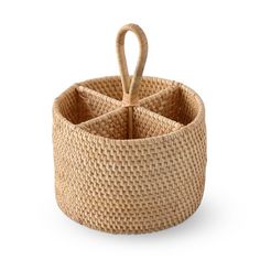 an empty basket with three handles is shown on a white background and it has no lid