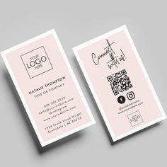 two pink business cards with qr code on the front and back, both printed in black ink