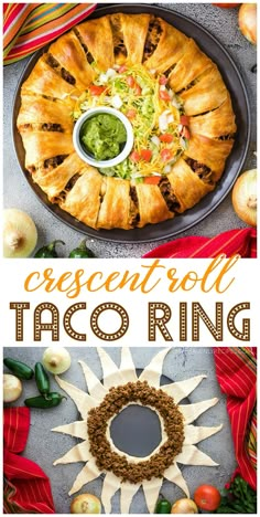 an overhead view of a taco ring with the title text overlay reads, crescent roll taco ring