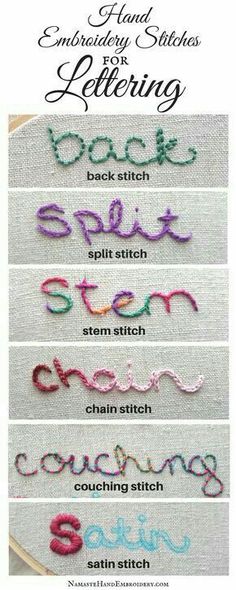 embroidery stitches for lettering with the words, hand stitching and machine stitch on it