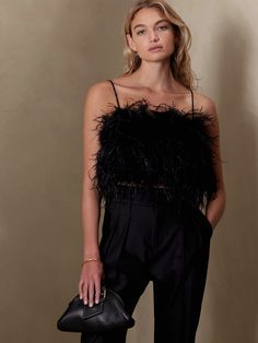 Luna Ostrich Feather Top | Banana Republic Sequin Pantsuit, Feather Top Outfit, Ostrich Feather Top, Outfit Ideas Cozy, Feather Outfit, Feather Top, Feather Tops, Bandeau Crop Top, Chic Winter Outfits