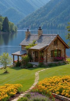 a house sitting on top of a lush green field next to a lake with mountains in the background