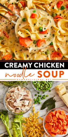 This comfort food idea is sure to become a staple in your house! It's a simple hearty dinner. Light yet flavor-packed, this Creamy Chicken Noodle Soup is just perfect. So, try this family soup recipe the next time you wonder what to do with leftover rotisserie chicken! Creamy Chicken Noodle, Creamy Chicken Noodle Soup, Leftover Rotisserie, Creamy Chicken Soup, Leftover Rotisserie Chicken, Best Soup Recipes, Cream Soup, Chicken Noodle Soup, Chicken Noodle