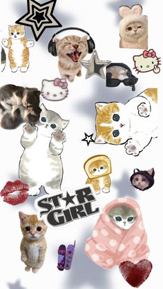 a bunch of cats that are all in the same pattern on a white background with star girl stickers