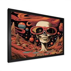 a skeleton with red glasses and planets in the background framed canvas wall art print by person